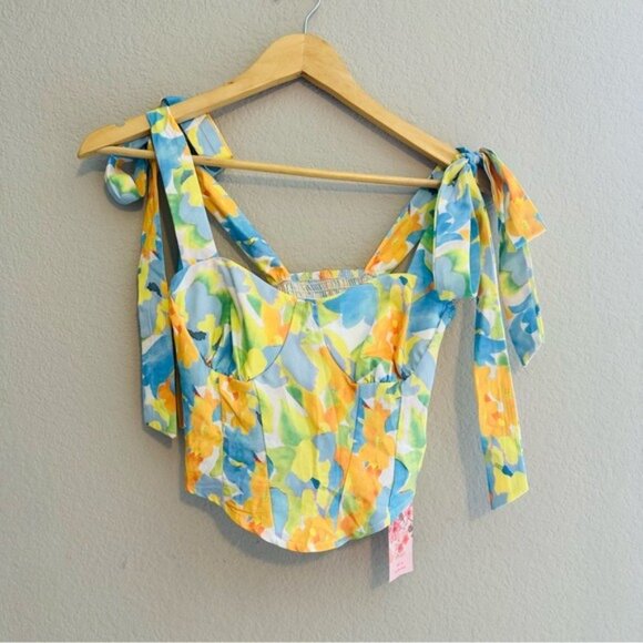 Floral Tie Strap Crop Top XS Y2K Tropical Coquette Summercore Cottagecore Vibes - Picture 3 of 10